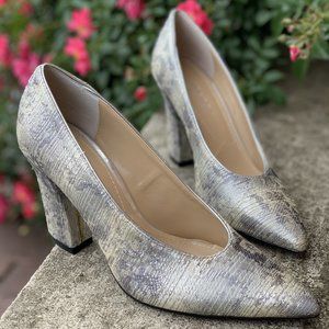 J. Renee Beige Gray Silver Fabric Block Heel Pump